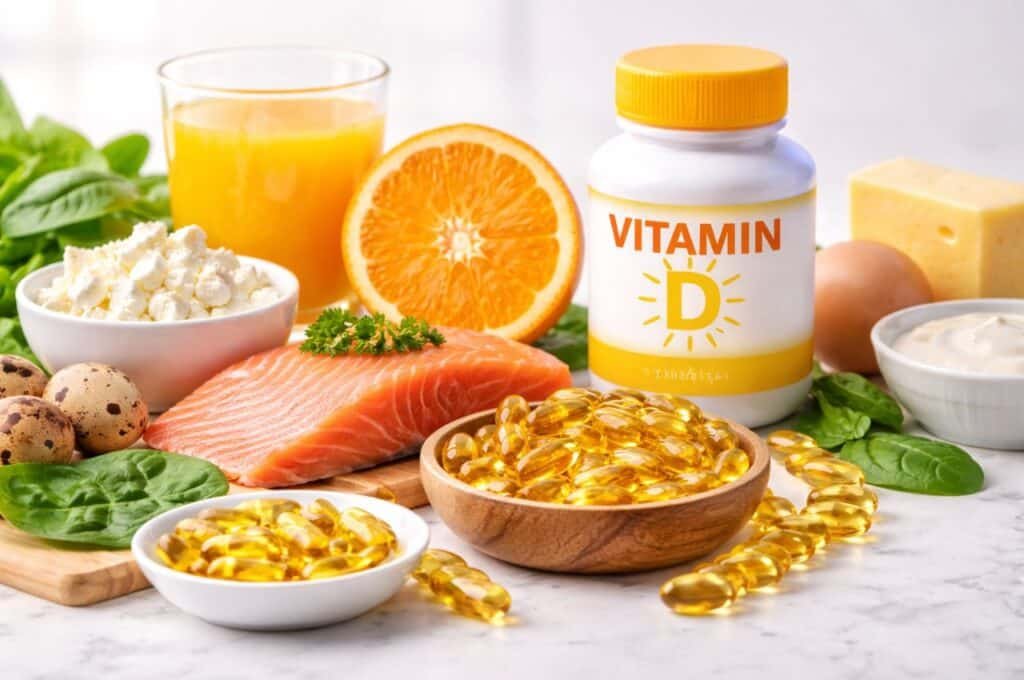 Продукти багаті на вітамін D — лосось, яйця, шпинат та капсули вітаміну D