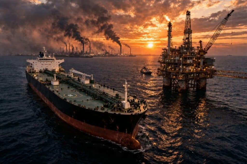 Великий нафтовий танкер поруч з морською нафтовою платформою на тлі заходу сонця і диму від нафтопереробних заводів