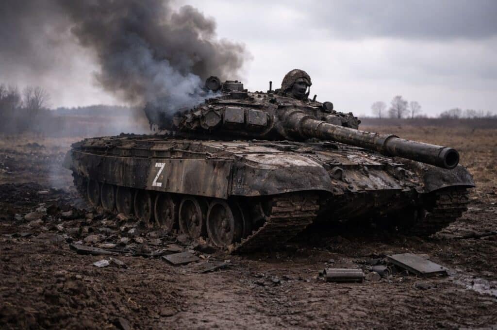 Знищений та палаючий російський танк з символом Z на полі бою в Україні