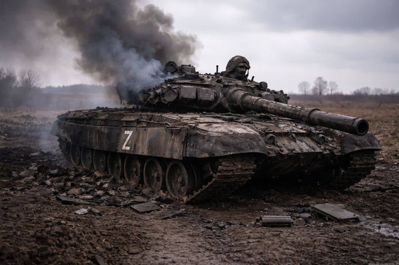 Знищений та палаючий російський танк з символом Z на полі бою в Україні