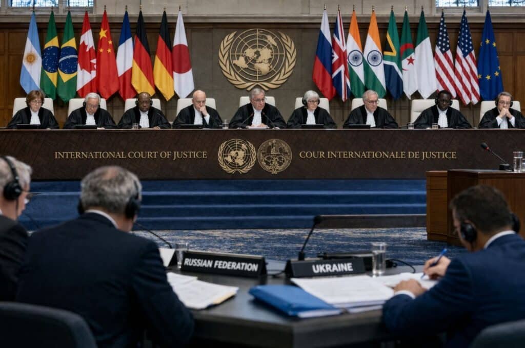 Засідання Міжнародного суду справедливості з табличками Російської Федерації та України перед суддями