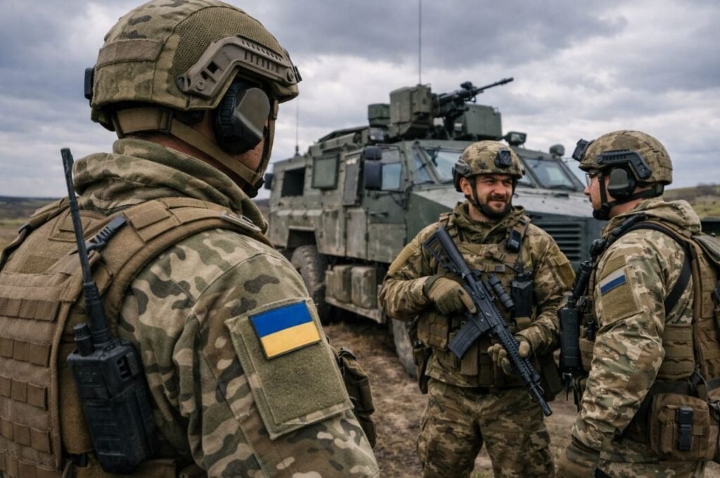 Троє українських військових у бойовому спорядженні спілкуються біля бронеавтомобіля на відкритій місцевості