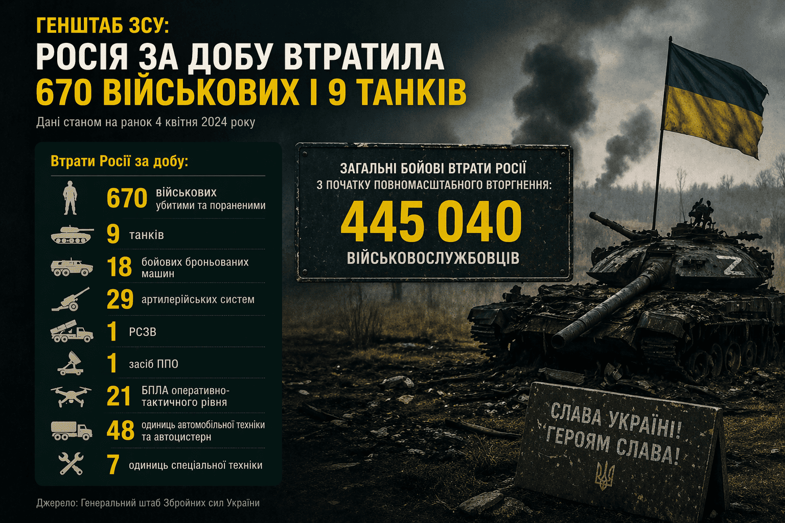 Ілюстрація до зведення Генштабу ЗСУ про добові втрати Росії у війні проти України