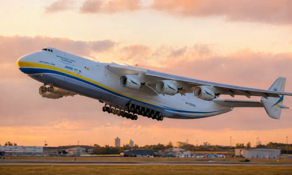 Ан-225 «Мрія» злітає на заході сонця — найбільший літак у світі з українськими синьо-жовтими кольорами на борту