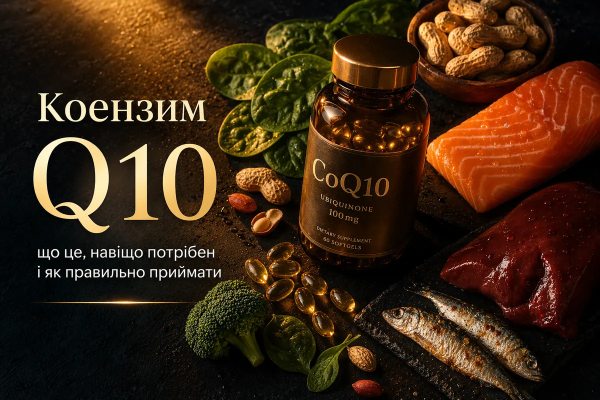 Коензим Q10 у капсулах поруч із продуктами-джерелами на темному фоні