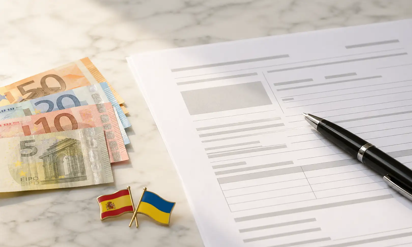 Євро, прапори Іспанії та України і бланк заяви на соціальну допомогу — виплати для українців в Іспанії