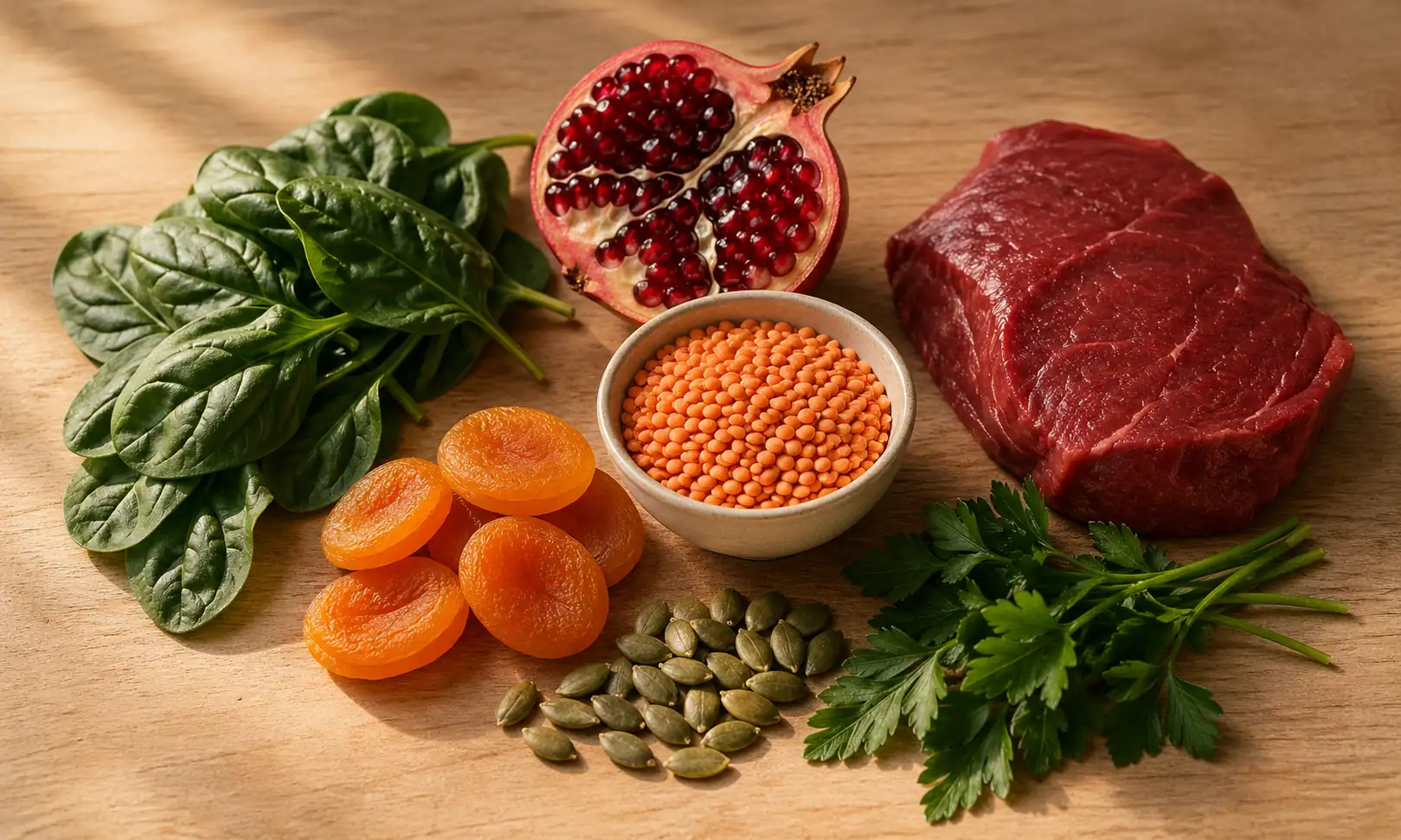 Продукти з високим вмістом заліза: шпинат, гранат, яловичина, сочевиця, курага, гарбузове насіння і петрушка