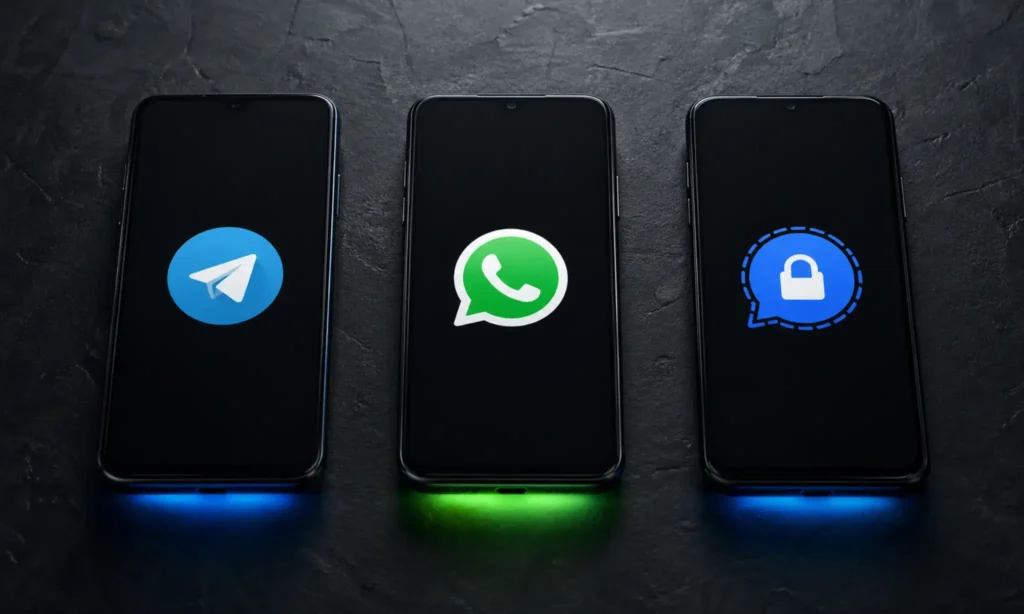 Три смартфони з іконками Telegram, WhatsApp і Signal — порівняння безпеки месенджерів