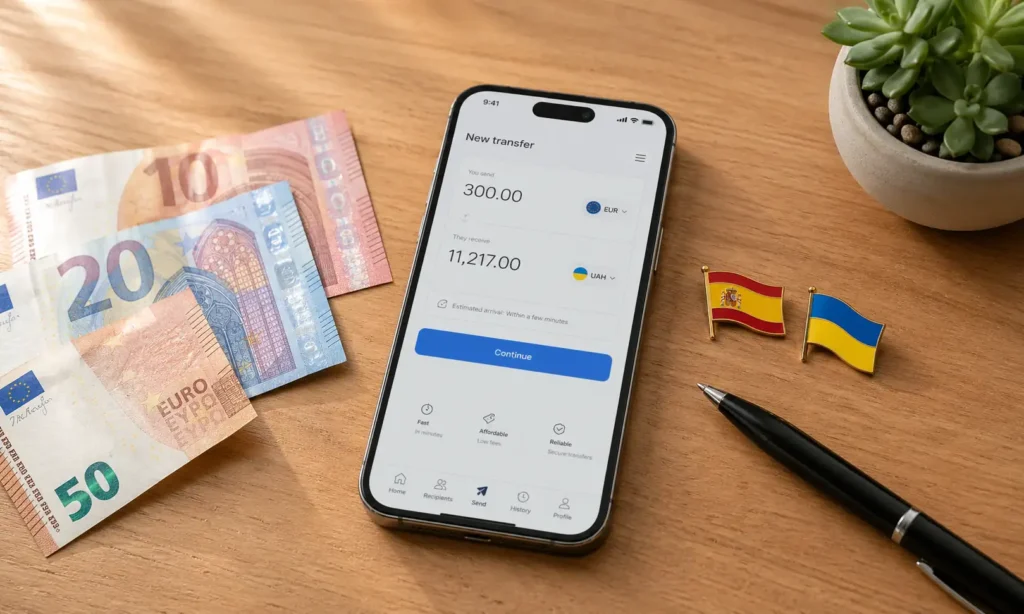 Смартфон з додатком для переказу грошей з Іспанії в Україну — євро та прапори двох країн