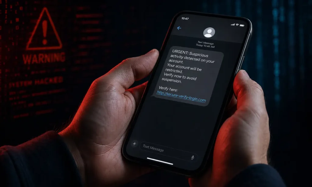 Смартфон з фішинговим SMS-повідомленням про «підозрілу активність» і підозрілим посиланням на тлі попередження про злом