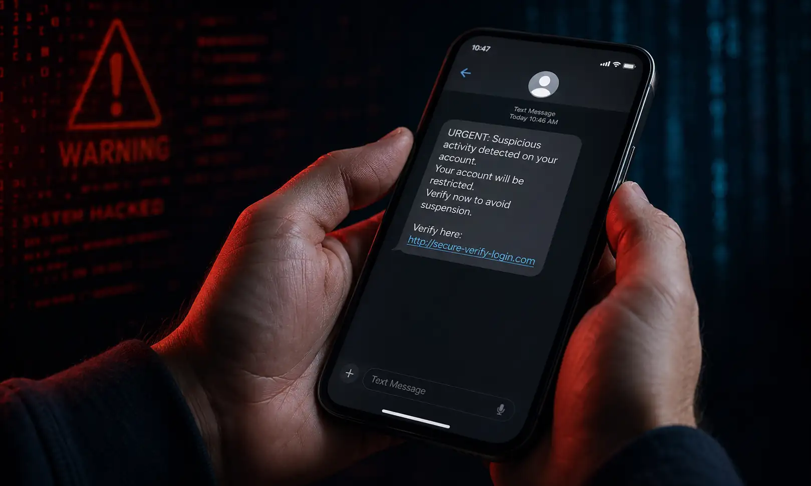 Смартфон з фішинговим SMS-повідомленням про «підозрілу активність» і підозрілим посиланням на тлі попередження про злом