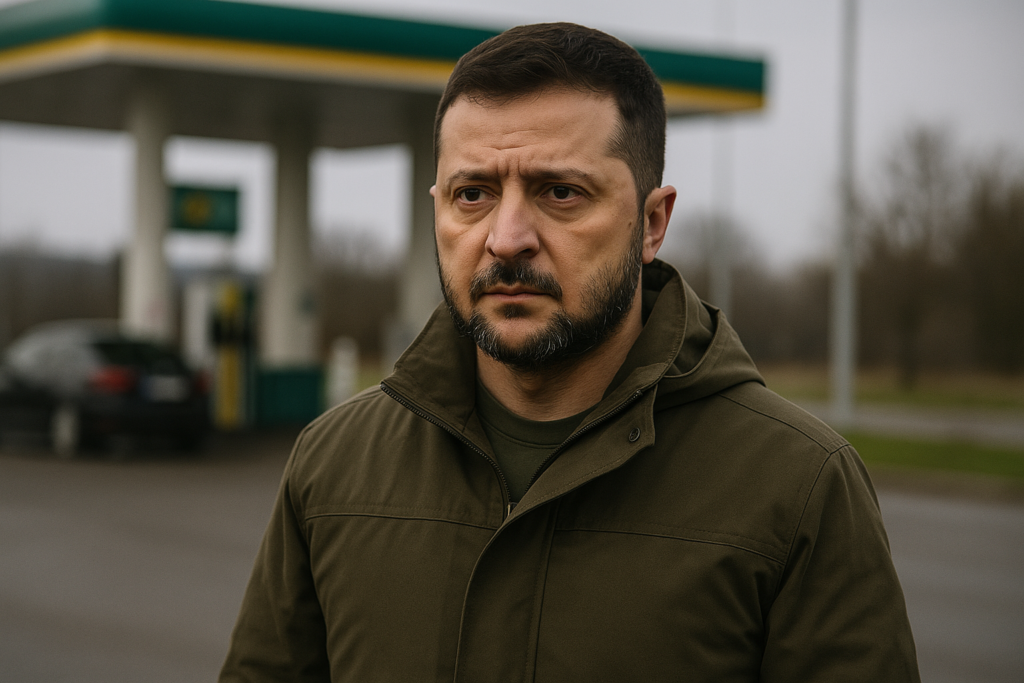 Володимир Зеленський на тлі автозаправної станції — ілюстрація до матеріалу про стабільність постачання пального в Україні