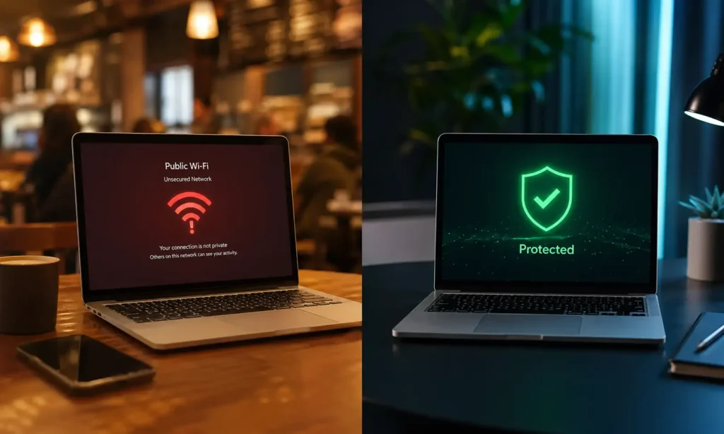 До і після VPN: незахищений публічний Wi-Fi у кафе versus захищене з'єднання «Protected» з увімкненим VPN