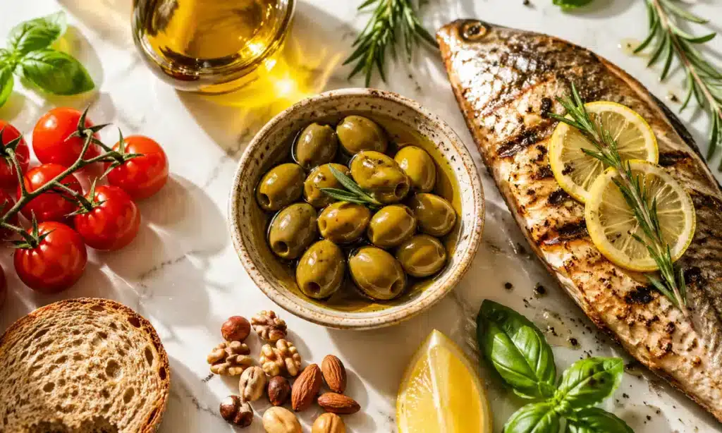 Продукти середземноморської дієти: оливки, запечена риба з лимоном, томати черрі, горіхи, цільнозерновий хліб, базилік і оливкова олія на мармурі