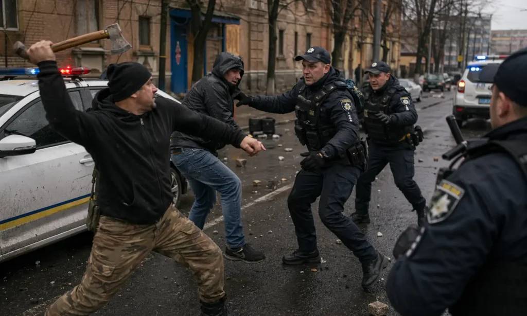 Сутичка між чоловіком із сокирою та патрульними на вулиці в Запоріжжі