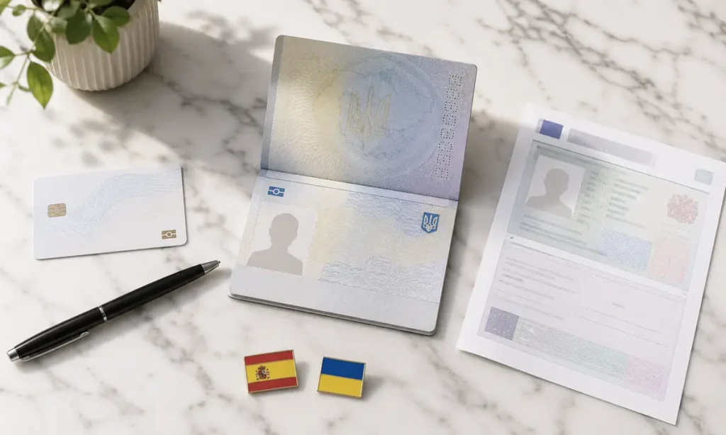 Українські документи для легалізації в Іспанії: паспорт, TIE картка, NIE довідка і прапори двох країн