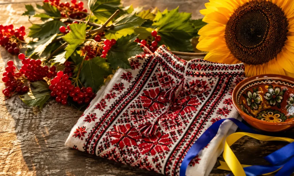 Вишиванка з червоним орнаментом, калина, соняшник, розписна миска і синьо-жовта стрічка — головні символи України