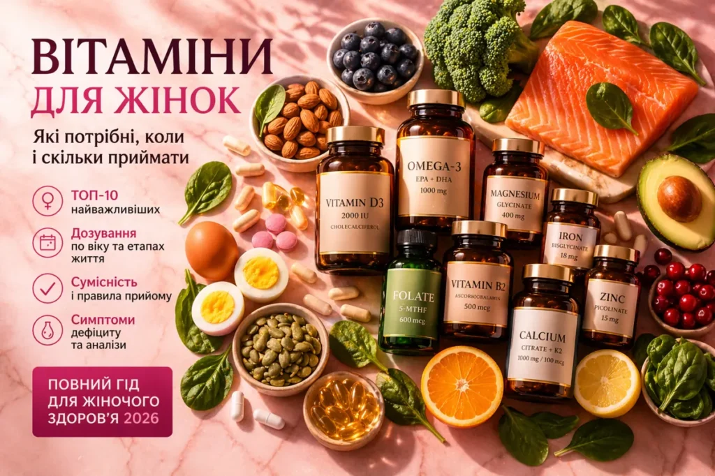 Вітаміни для жінок — добавки та корисні продукти на рожевому фоні