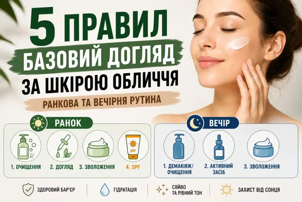 Базовий догляд за шкірою обличчя: 5 правил ранкової та вечірньої рутини — очищення, зволоження, активні засоби та SPF.