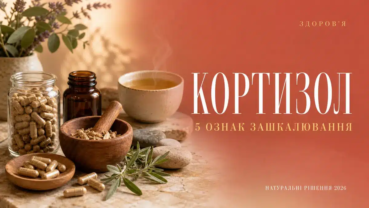 Капсули ашваганди у скляній банці, пляшечка магнію, дерев'яна ступка з порошком кореня, чашка трав'яного чаю, лаванда і шавлія на кам'яній поверхні — натуральні засоби для зниження кортизолу