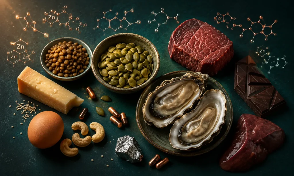 Найбагатші на цинк продукти на темно-малахітовому тлі: устриці на тарілці, гарбузове насіння, червоне м'ясо, печінка, сочевиця, кешью, кунжут, пармезан, яйце, темний шоколад, кусень металевого цинку та бронзові капсули