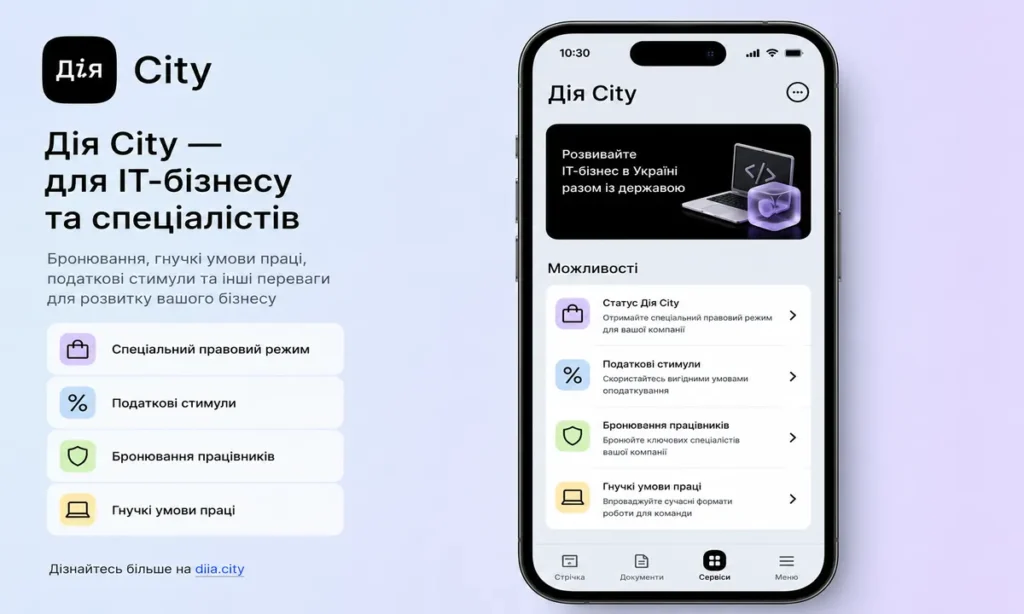 Інтерфейс Дія City з функціями для IT-бізнесу — резидентство, податкові стимули, бронювання працівників, гнучкі умови праці