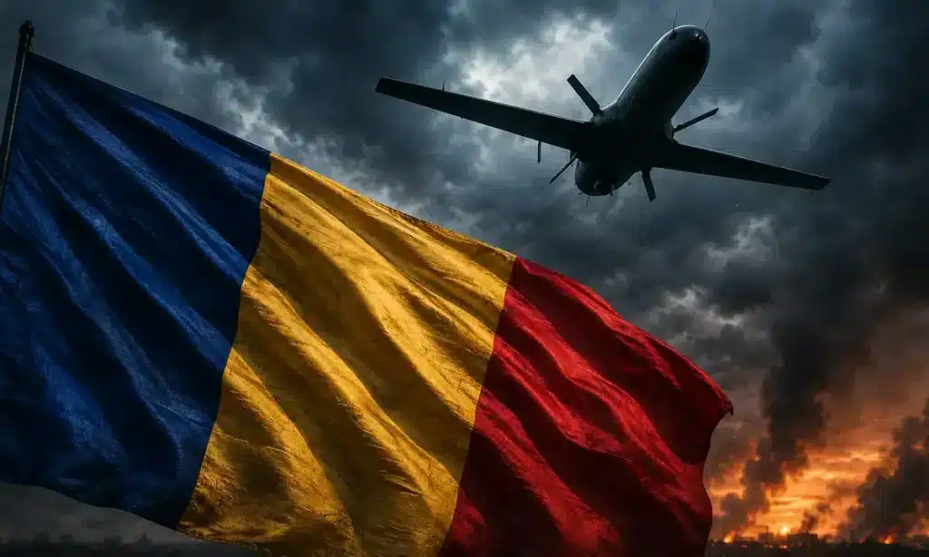 Прапор Румунії майорить на тлі грозового неба, над ним — силует військового дрона; на горизонті дим і вогонь