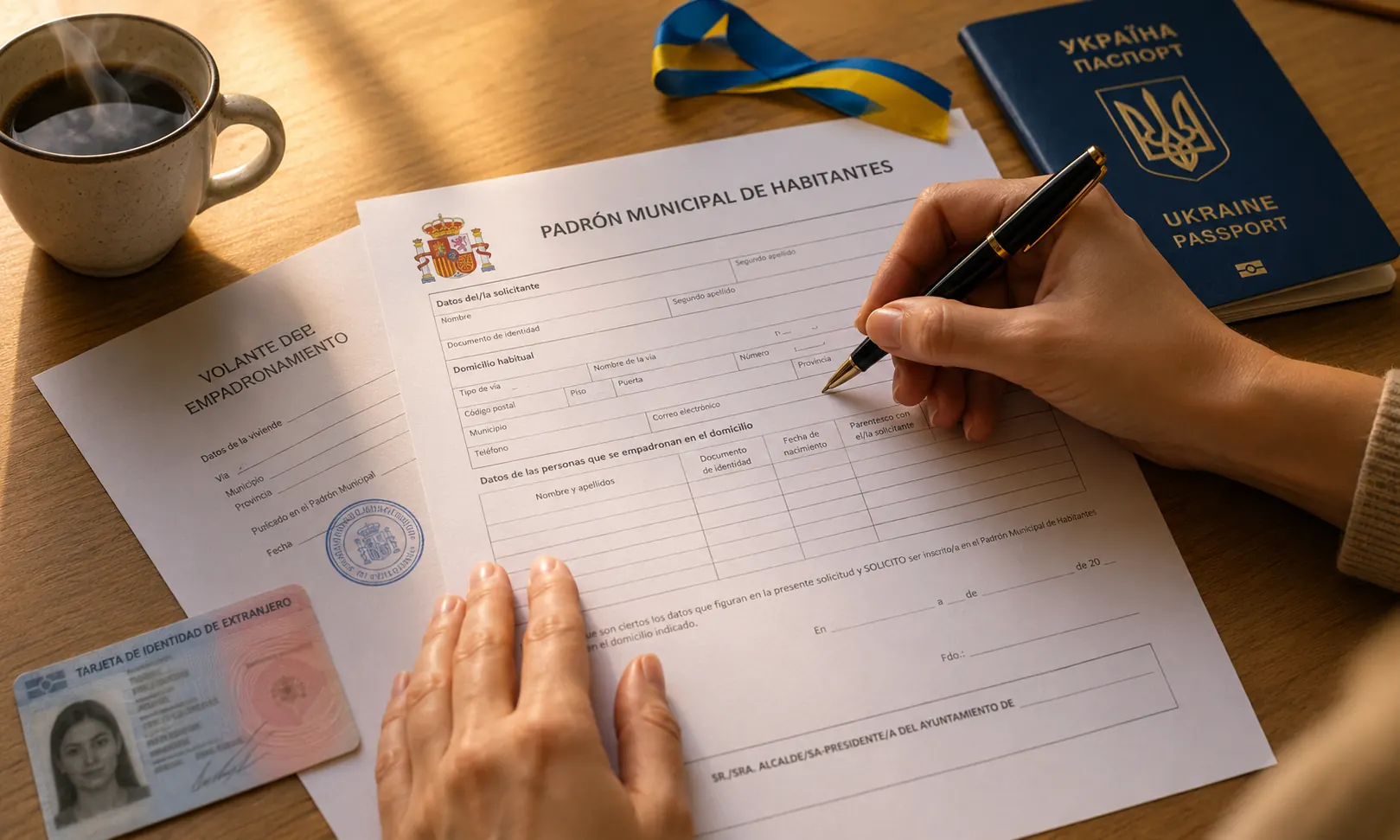 Руки заповнюють бланк Padrón Municipal de Habitantes, поряд український паспорт і TIE — empadronamiento українців в Іспанії