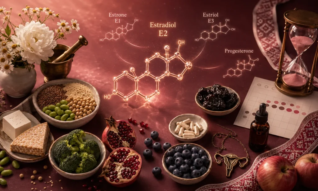 Велика 3D-молекула Естрадіолу E2 з повною steroid ring structure у центрі композиції, поряд — менші молекули Естрону E1, Естріолу E3 і Прогестерону, миски з насінням льону, кунжуту, сої, тофу, темпе, броколі, гранат, чорниця, чорнослив, яблука, кремово-білі капсули, бурштинова glass dropper bottle, бронзовий медальйон жіночої репродуктивної системи, бронзова ступка, vintage пісковий годинник з рожевим піском, ромашка і півонія, українська вишиванка в рожево-бордових тонах, на темно-бордово-рожевому тлі