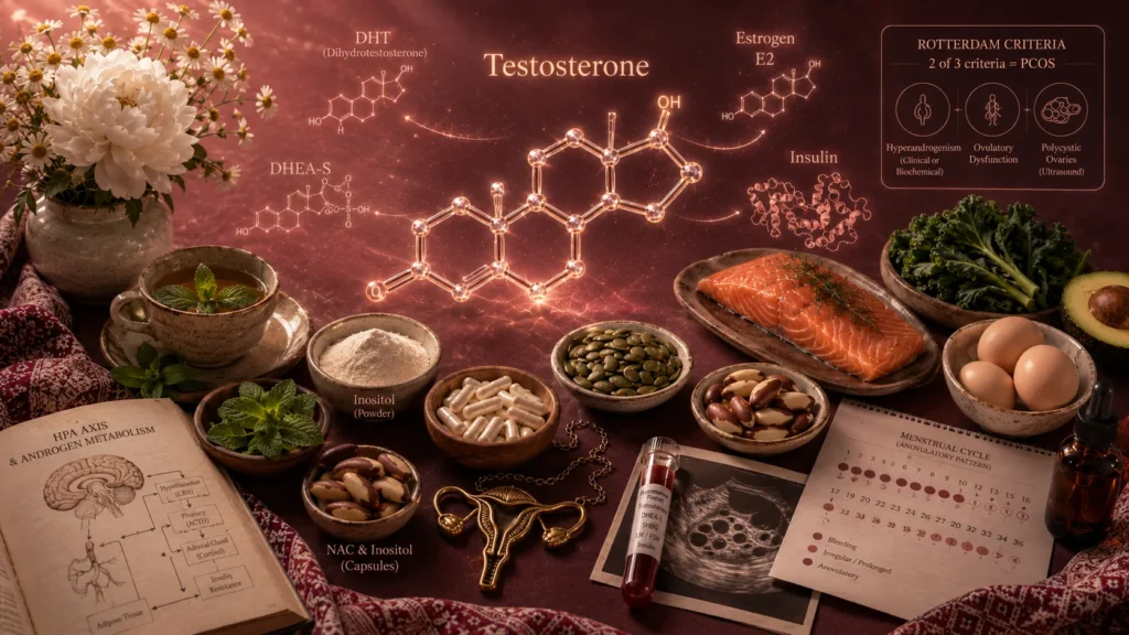 Велика 3D-молекула Тестостерону з повною steroid ring structure у центрі композиції, поряд — молекули DHT (Dihydrotestosterone), DHEA-S, Estrogen E2 і Insulin з стрілками-зв'язками метаболізму, інфографіка Rotterdam criteria для СПКЯ, миска з порошком інозитолу, NAC і інозитол капсули, бразильські горіхи, гарбузове насіння, лосось з кропом, кейл, авокадо, яйця, чашка чаю з спірмутрейну (м'яти), HPA axis блок-схема, лабораторна пробірка крові з підписами аналізів Testosterone DHEA-S SHBG LH FSH Insulin, УЗД знімок полікістозу яєчників, календар анавуляторного циклу з легендою, бронзовий медальйон жіночої репродуктивної системи, українська вишиванка, ромашки і півонія