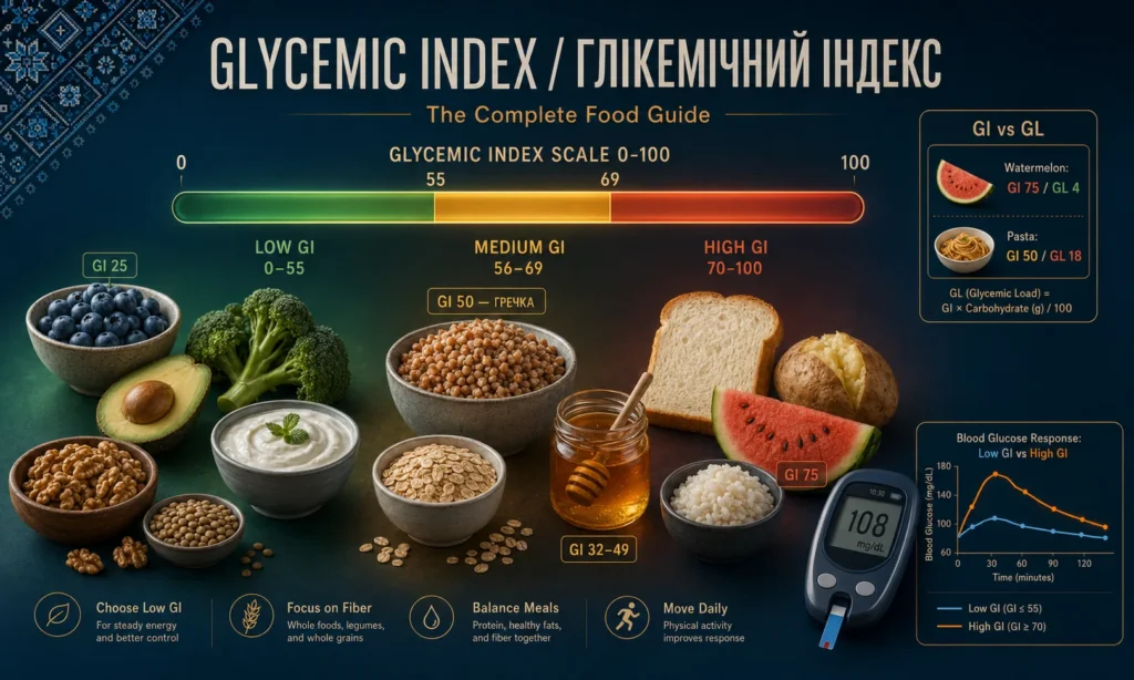 Білінгвальний заголовок Glycemic Index Глікемічний Індекс The Complete Food Guide у центрі композиції, велика горизонтальна шкала GLYCEMIC INDEX SCALE 0-100 з traffic-light gradient зеленим Low GI 0-55, жовтим Medium GI 56-69, червоним High GI 70-100, три зони продуктів за категоріями: ліворуч лохина GI 25 в керамічній мисці, авокадо, броколі, грецькі горіхи, сочевиця, грецький йогурт; центр — гречка з підписом GI 50 ГРЕЧКА, вівсянка, мед у скляній банці GI 32-49; праворуч — білий хліб, запечена картопля, кавун GI 75, білий рис; інфографіка GI vs GL з прикладами Watermelon GI 75 GL 4 і Pasta GI 50 GL 18 з формулою глікемічного навантаження; клінічний графік Blood Glucose Response Low GI vs High GI з двома кривими і глюкометром 108 mg/dL; bottom legend з 4 порадами Choose Low GI, Focus on Fiber, Balance Meals, Move Daily; українська вишиванка top-left corner; на темно-синьому glossy фоні з amber акцентами