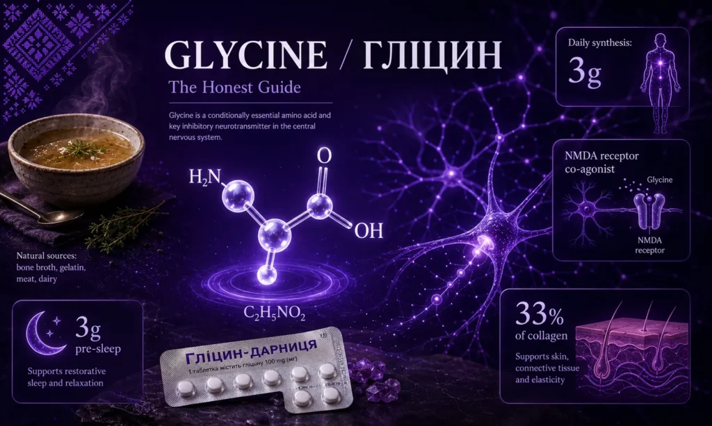 Білінгвальний заголовок GLYCINE ГЛІЦИН The Honest Guide з підзаголовком Glycine is a conditionally essential amino acid and key inhibitory neurotransmitter in the central nervous system, центральна 3D молекулярна структура гліцину C2H5NO2 у фіолетовому glow з підписами H2N OH O атомами, ліворуч керамічна миска кісткового бульйону з парою тимʼяну ложкою з підписом Natural sources bone broth gelatin meat dairy, праворуч вгорі панель Daily synthesis 3g з силуетом людського тіла з активними точками, центрально-права панель NMDA receptor co-agonist з нейроном і молекулою гліцину, знизу зліва панель з місяцем 3g pre-sleep Supports restorative sleep and relaxation, знизу праворуч 33% of collagen Supports skin connective tissue and elasticity з зображенням шару шкіри, по центру внизу блістер ГЛІЦИН-ДАРНИЦЯ 1 таблетка містить гліцину 100 mg з аметистовими кристалами, праворуч фон з фіолетовою нейронною мережею з світлими сполуками, верхній лівий куток український орнамент вишиванки у фіолетовій палітрі, темно-фіолетовий glossy gradient фон