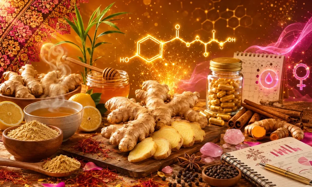 Центральний свіжий корінь імбиру Zingiber officinale пагонистий з вузлами й золотисто-кремовою шкіркою з характерним світло-кремовим перетином і волокнами на скибочках, ботанічна точність на дерев'яній дошці. Центральна 3D молекулярна структура 6-гінгеролу C17H26O4 з гідроксильними HO групами кетоном і бензольним кільцем у luminous golden-amber glow з sparkling золотими частинками навколо. Ліва традиція цілющого ритуалу: керамічна чашка з парою від золотистого імбирного чаю, нарізаний скибочками й цілий лимон, скляна банка з медом і дерев'яна ложечка з медом, дерев'яна миска з сушеним імбиром світло-кремового кольору, ложечка з імбирним порошком, зелена гілочка свіжого імбиру рослина Zingiber. Ароматна палітра: шафранові нитки розкидані, рожеві пелюстки, зірчастий аніс бадьян. Права сторона жіноче здоров'я: КАЛЕНДАР менструального циклу з рожевою крапелькою-символом крові, СИМВОЛ ВЕНЕРИ у рожевому неоновому колі, преміум скляна банка з янтарними імбирними капсулами, палички кориці золоте тріо, свіжий корінь куркуми DUET, чорний перець у мисці біоперин, pink rose quartz crystals, записник з рожевими дослідницькими графіками. Верхня ліва найрозкішніша українська вишиванка з геометричним орнаментом у warm pink-magenta-gold tones. Hexagonal molecular pattern у фоні, рожево-магентна енергетична хвиля з правої сторони як BRIDGE з жіночим кластером, soft amber-rose light rays з upper-left, golden-saffron gradient фон #a16207 → #d97706 → #fbbf24