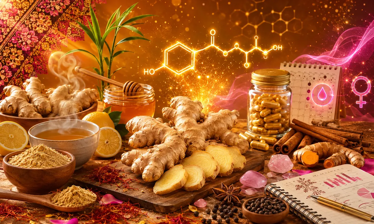 Центральний свіжий корінь імбиру Zingiber officinale пагонистий з вузлами й золотисто-кремовою шкіркою з характерним світло-кремовим перетином і волокнами на скибочках, ботанічна точність на дерев'яній дошці. Центральна 3D молекулярна структура 6-гінгеролу C17H26O4 з гідроксильними HO групами кетоном і бензольним кільцем у luminous golden-amber glow з sparkling золотими частинками навколо. Ліва традиція цілющого ритуалу: керамічна чашка з парою від золотистого імбирного чаю, нарізаний скибочками й цілий лимон, скляна банка з медом і дерев'яна ложечка з медом, дерев'яна миска з сушеним імбиром світло-кремового кольору, ложечка з імбирним порошком, зелена гілочка свіжого імбиру рослина Zingiber. Ароматна палітра: шафранові нитки розкидані, рожеві пелюстки, зірчастий аніс бадьян. Права сторона жіноче здоров'я: КАЛЕНДАР менструального циклу з рожевою крапелькою-символом крові, СИМВОЛ ВЕНЕРИ у рожевому неоновому колі, преміум скляна банка з янтарними імбирними капсулами, палички кориці золоте тріо, свіжий корінь куркуми DUET, чорний перець у мисці біоперин, pink rose quartz crystals, записник з рожевими дослідницькими графіками. Верхня ліва найрозкішніша українська вишиванка з геометричним орнаментом у warm pink-magenta-gold tones. Hexagonal molecular pattern у фоні, рожево-магентна енергетична хвиля з правої сторони як BRIDGE з жіночим кластером, soft amber-rose light rays з upper-left, golden-saffron gradient фон #a16207 → #d97706 → #fbbf24