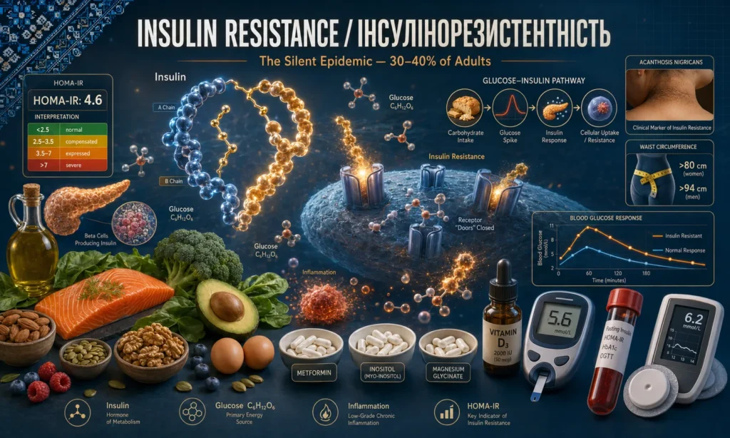 Білінгвальний заголовок Insulin Resistance Інсулінорезистентність The Silent Epidemic 30-40% of Adults у центрі композиції, точна молекулярна модель інсуліну з A Chain і B Chain з дисульфідними містками, глюкозні молекули C6H12O6, наочна візуалізація клітини з зачиненими рецепторними дверима Receptor Doors Closed, HOMA-IR калькулятор з інтерпретацією 4 рівнів normal compensated expressed severe, Acanthosis Nigricans клінічний маркер на шиї, графік Waist Circumference 80 94 см, графік Blood Glucose Response Insulin Resistant vs Normal, Glucose-Insulin Pathway 4 етапи, підшлункова залоза з Beta Cells Producing Insulin, миски з підписами METFORMIN INOSITOL MAGNESIUM GLYCINATE, Vitamin D3 2000 IU, глюкометр 5.6 mmol/L, лабораторна пробірка з підписами Fasting Insulin HOMA-IR HbA1c OGTT, CGM continuous glucose monitor 6.2 mmol/L, оливкова олія, лосось, броколі, шпинат, авокадо, яйця, мигдаль, горіхи, гарбузове насіння, ягоди, українська вишиванка у кутку, на темно-синьому glossy фоні з amber акцентами