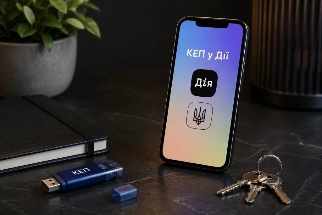 Смартфон з застосунком Дія і USB-флешка КЕП — ілюстрація до гайду про електронний підпис через Дію