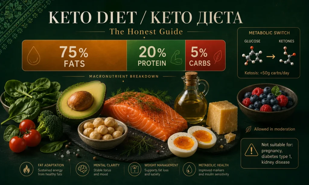Білінгвальний заголовок KETO DIET КЕТО ДІЄТА The Honest Guide у центрі композиції, велика горизонтальна шкала MACRONUTRIENT BREAKDOWN з 75 percent FATS amber, 20 percent PROTEIN green, 5 percent CARBS red, наукова інфографіка METABOLIC SWITCH з молекулами GLUCOSE стрілка KETONES і підписом Ketosis less than 50g carbs per day, центральна композиція кето-зірок: половинка авокадо з кісточкою, філе лосося з кропом, м'яке яйце розрізане навпіл з рідким жовтком, миска з макадамією, оливкова олія у скляному декантері з пробкою, шматок пармезану, шпинат, броколі, черрі помідори, миска з ягодами лохина малина з підписом Allowed in moderation, warning panel Not suitable for pregnancy diabetes type 1 kidney disease, bottom legend з 4 порадами FAT ADAPTATION sustained energy MENTAL CLARITY stable focus WEIGHT MANAGEMENT supports fat loss METABOLIC HEALTH improved markers, українська вишиванка top-left corner, на темно-зеленому glossy фоні з amber акцентами