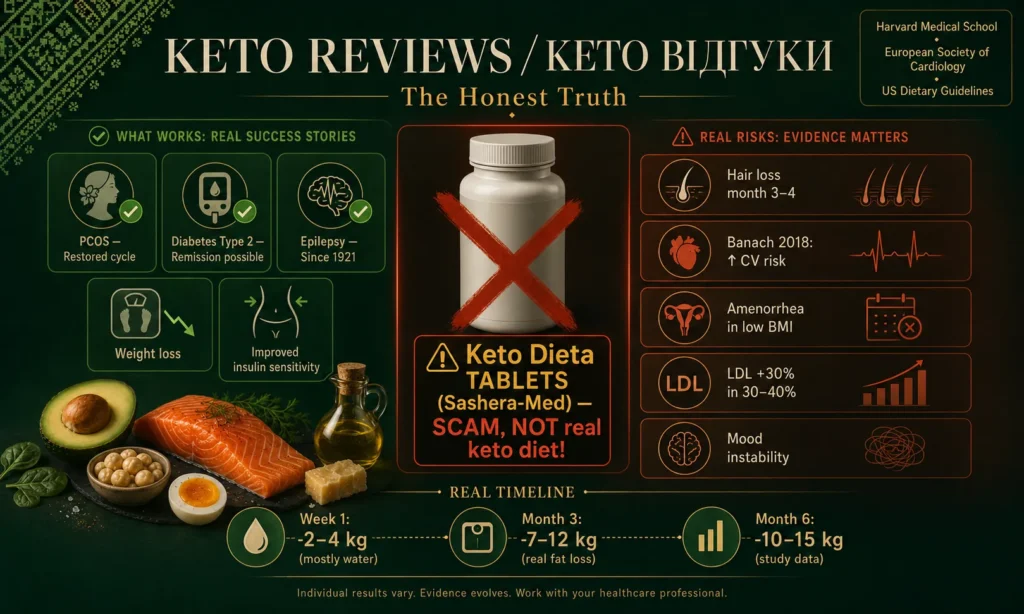 Білінгвальний заголовок KETO REVIEWS КЕТО ВІДГУКИ The Honest Truth, split editorial композиція: ліворуч WHAT WORKS REAL SUCCESS STORIES з 5 позитивними кейсами PCOS Restored cycle, Diabetes Type 2 Remission possible, Epilepsy Since 1921, Weight loss, Improved insulin sensitivity; центр критичний warning з пляшкою таблеток перекресленою червоним X Keto Dieta TABLETS Sashera-Med SCAM NOT real keto diet; праворуч REAL RISKS EVIDENCE MATTERS з 5 ризиками Hair loss month 3-4, Banach 2018 CV risk, Amenorrhea in low BMI, LDL +30% in 30-40%, Mood instability; bottom REAL TIMELINE Week 1 -2-4 kg mostly water, Month 3 -7-12 kg real fat loss, Month 6 -10-15 kg study data; scientific authority top-right Harvard Medical School European Society of Cardiology US Dietary Guidelines; кето-продукти авокадо лосось яйце макадамія оливкова олія пармезан; українська вишиванка top-left corner; на темно-зеленому фоні з amber акцентами