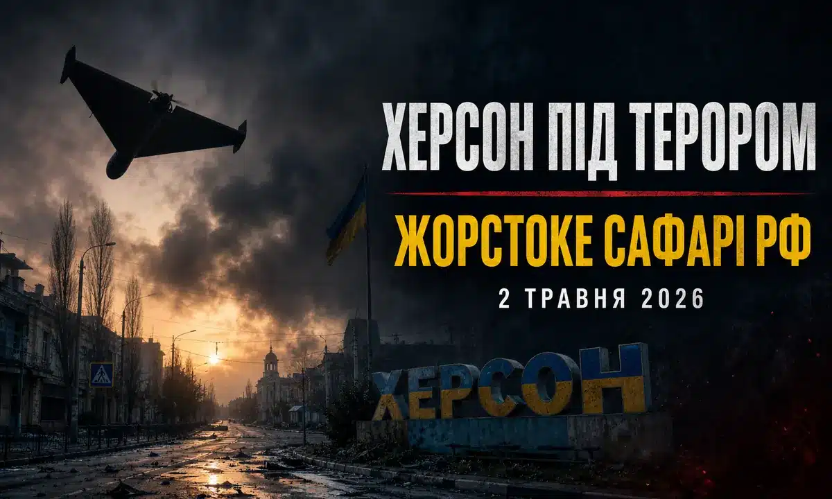 Російський ударний дрон над зруйнованою вулицею Херсона з прапором України — терор окупантів проти цивільних 2 травня 2026 року