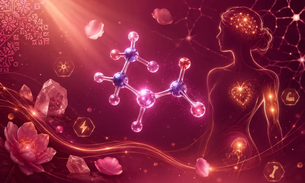 Центральна 3D молекулярна структура креатину C4H9N3O2 у pink-violet glow з atomами фіолетового рожевого і червоного кольорів floating у центрі композиції, ліворуч pink rose quartz crystals різних розмірів і велика рожева півонія з відірваними пелюстками що floating у повітрі, праворуч елегантна жіноча silhouette в профіль з вибуховими енергетичними точками: BRAIN area у вигляді neural network constellation головою, HEART area у вигляді геометричного серця у грудях, BICEP area glow у плечі, HIP area glow у стегні — символи де креатин впливає на жіноче тіло, оточуючі hexagonal icons: lightning bolt energy, brain neuron, bicep muscle, bone — переваги креатину, фіолетово-magenta neural network patterns у фоні, soft rose-gold light beams з upper-left, рожева вишиванка top-left corner, deep magenta gradient фон #831843 → #be185d з amber акцентами #d97706