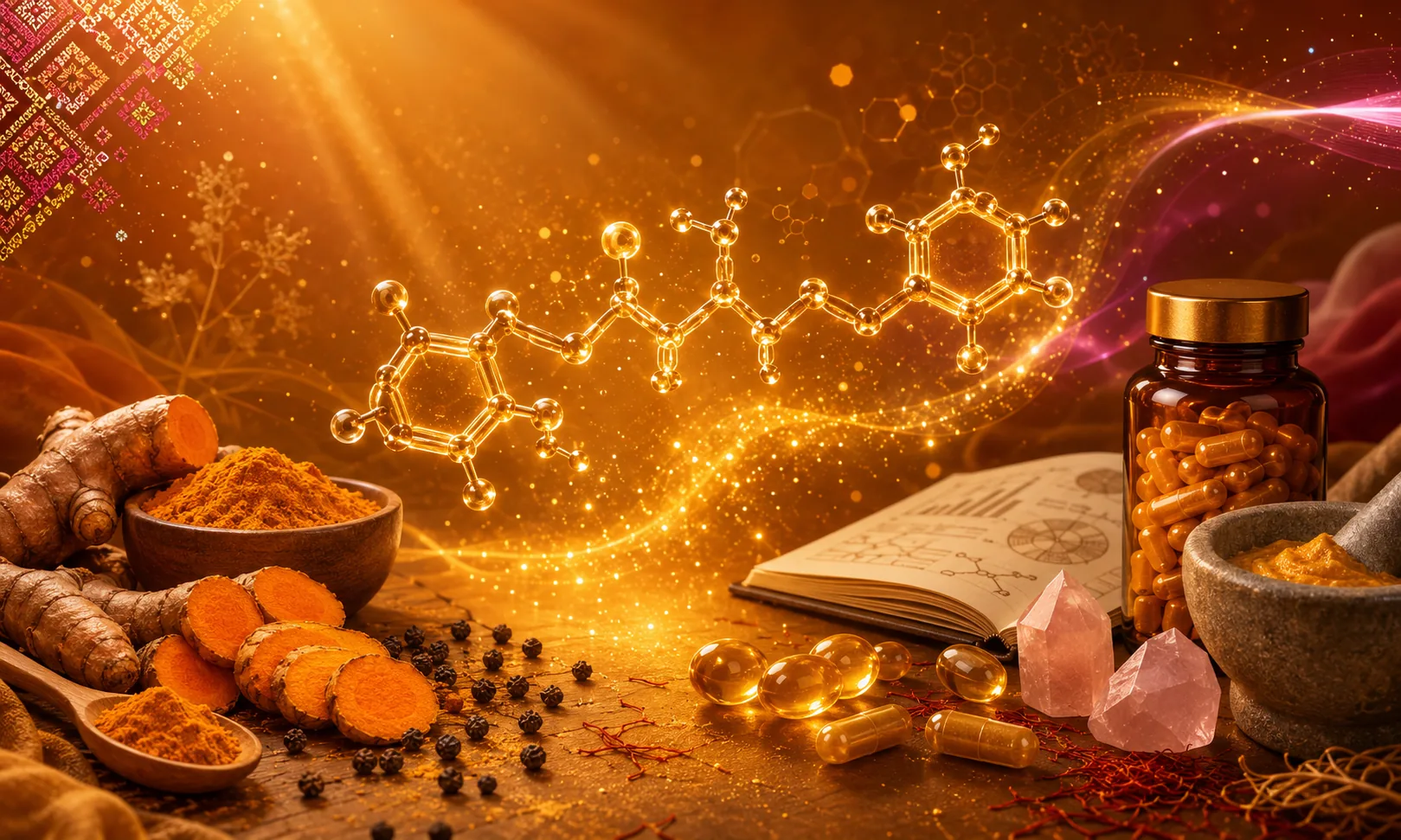 Центральна 3D молекулярна структура куркуміну C21H20O6 у luminous golden-saffron glow з sparkling gold particles навколо як візуалізація біодоступності — хімічно точна структура з бензольними кільцями. Ліва сторона традиційна аюрведа: свіжий корінь куркуми реалістично сяючий помаранчевий, скибочки куркуми з характерним золотистим перетином, дерев'яна миска з куркумовим порошком глибокого золотистого кольору, дерев'яна ложечка з порошком, чорний перець горошком розкиданий як критична деталь джерела піперину, шафранові нитки. Права сторона сучасна наука: преміум янтарна скляна банка з помаранчевими куркуміновими капсулами, ліпосомальні капсули прозоро-жовті як показ технології біодоступності, кам'яна ступка з помаранчевою куркуминовою пастою, розгорнутий записник з науковими діаграмами 54 мета-аналізів, pink rose quartz crystals, додаткові шафранові нитки. Розкішне Renaissance-style освітлення з upper-left у золотисто-янтарних променях, hexagonal molecular pattern у фоні як sci-fi естетика, рожево-магентна енергетична хвиля з right side інтегруючи з жіночим кластером. Українська вишиванка top-left corner з warm pink-magenta glow, golden-saffron gradient фон #a16207 → #d97706 → #fbbf24