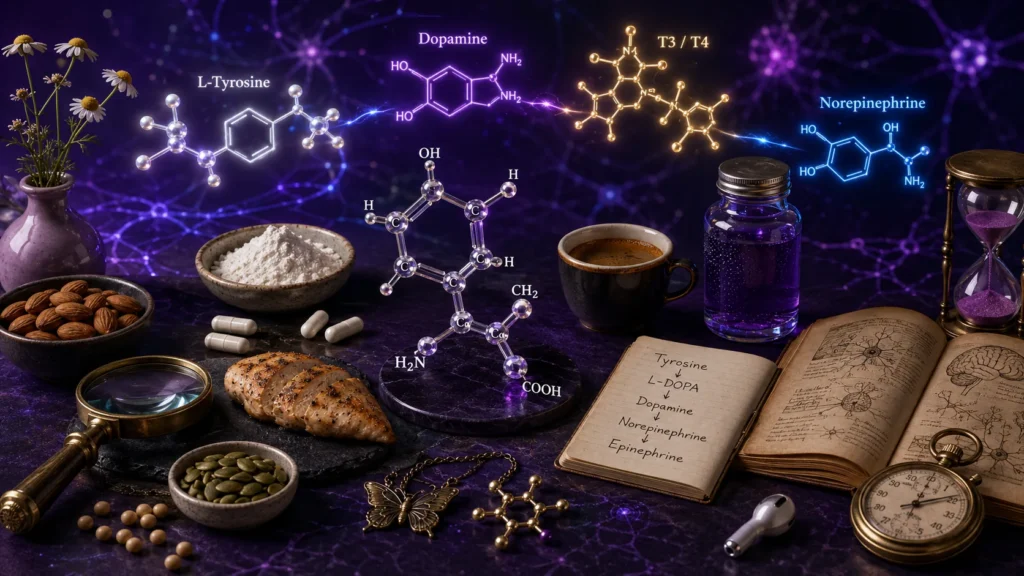 Велика 3D-молекула L-Tyrosine з підписаними атомами C, H, OH, H₂N, COOH у центрі композиції, поряд — мигдаль і гарбузове насіння у керамічних мисках, куряча грудка-гриль, L-тирозин порошок, білі капсули, чашка чорної кави еспресо, vintage пісковий годинник з фіолетовим піском, бронзова лупа, бронзовий секундомір, бездротовий навушник, стара нейронаукова книга з рукописним метаболічним шляхом Tyrosine → L-DOPA → Dopamine → Norepinephrine → Epinephrine, бронзовий метелик-кулон щитоподібної, ромашка у лавандовій вазі, на темно-нейро-фіолетовому тлі з електричними нейронними мережами і підписаними молекулами L-Tyrosine, Dopamine, T3/T4, Norepinephrine