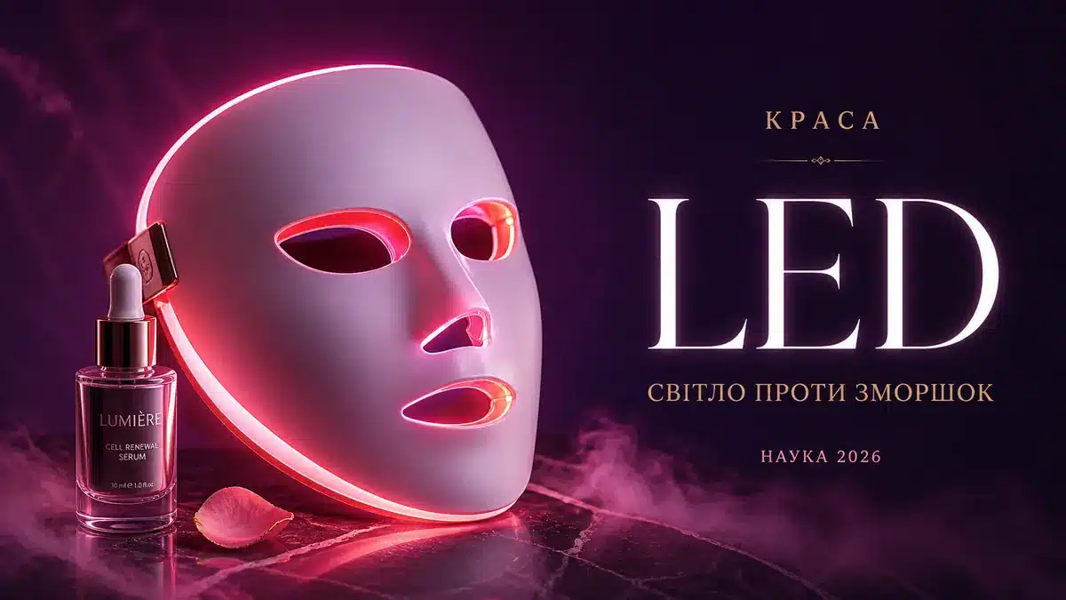 LED-маска для обличчя зі світлодіодним підсвічуванням і косметичною сироваткою на мармуровій поверхні — світлодіодна терапія проти зморшок 2026