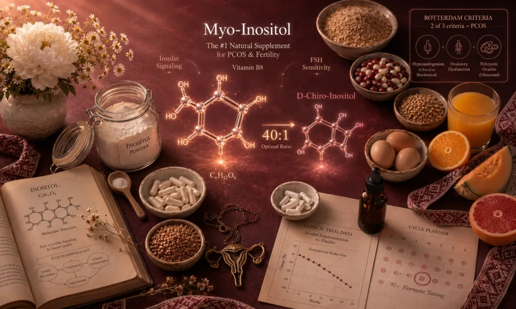 Велика 3D-молекула Myo-Inositol з повною структурою C6H12O6 і 6 OH-групами у центрі композиції, поряд — D-Chiro-Inositol з елегантною стрілкою 40:1 Optimal Ratio, підписи Insulin Signaling, FSH Sensitivity, Vitamin B8, інфографіка Rotterdam Criteria з 3 фенотипами СПКЯ, скляна банка з INOSITOL POWDER, дерев'яна ложка, миски з білими капсулами, glass dropper bottle, миска з пшеничними висівками (рекордсмен!), квасоля, гречка, яйця, апельсини й сік, диня, грейпфрут, сочевиця, медичний підручник INOSITOL C6H12O6 з molecular structure і PCOS PATHOPHYSIOLOGY діаграмою, CLINICAL TRIAL DATA графік Testosterone Reduction, CYCLE PLANNER з 21 днем Hormone Testing, бронзовий медальйон жіночої репродуктивної системи, українська вишиванка, ромашки і півонія