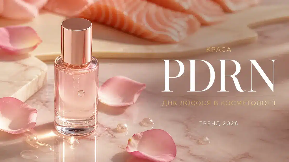 Косметична сироватка з PDRN на мармуровому столику з пелюстками троянд і філе лосося — ДНК лосося в косметології, тренд краси 2026