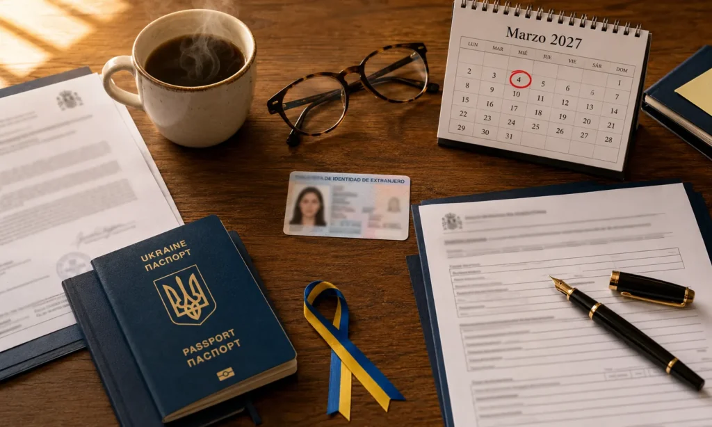Український паспорт, іспанська TIE та календар «Marzo 2027» з обведеним 4 числом — тимчасовий захист українців в Іспанії