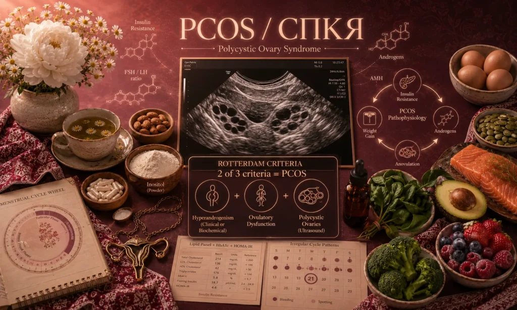 Великий білінгвальний заголовок PCOS СПКЯ з підзаголовком Polycystic Ovary Syndrome у центрі композиції, реалістична УЗД-знімок з характерним намистом з перлин полікістозу яєчників і технічними параметрами, інфографіка ROTTERDAM CRITERIA з 3 фенотипами, схема PCOS Pathophysiology з замкненим колом Weight Gain → Insulin Resistance → Androgens → Anovulation, молекули AMH і Androgens, реальна лабораторна панель Lipid Panel + HbA1c + HOMA-IR з конкретними показниками інсулінорезистентності, календар Irregular Cycle Patterns з 21 днем для аналізу, MENSTRUAL CYCLE WHEEL посібник, миска з білим інозитол порошком, броколі, шпинат, лосось з кропом, авокадо, яйця, гарбузове насіння, ягоди, ромашковий чай, бронзовий медальйон жіночої репродуктивної системи, українська вишиванка, ромашки і півонія, на темно-бордово-рожевому тлі