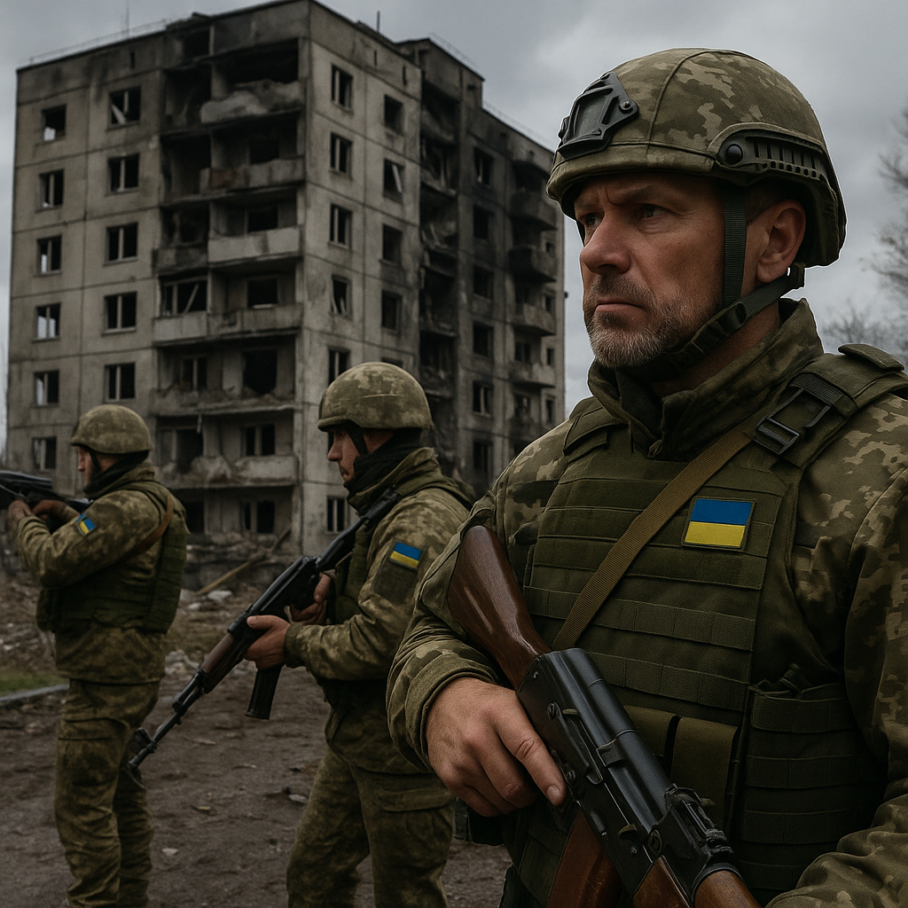 Український військовий на тлі зруйнованої будівлі під час війни