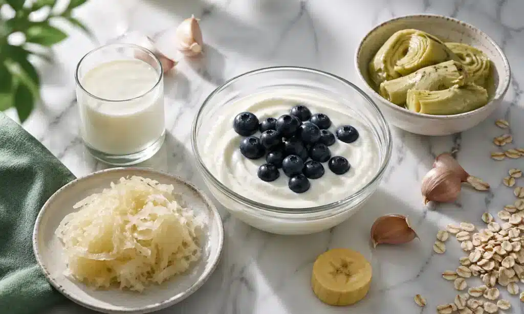 Продукти з пробіотиками і пребіотиками: йогурт з чорницею, кефір, квашена капуста, артишок, часник, банан і вівсянка на мармурі
