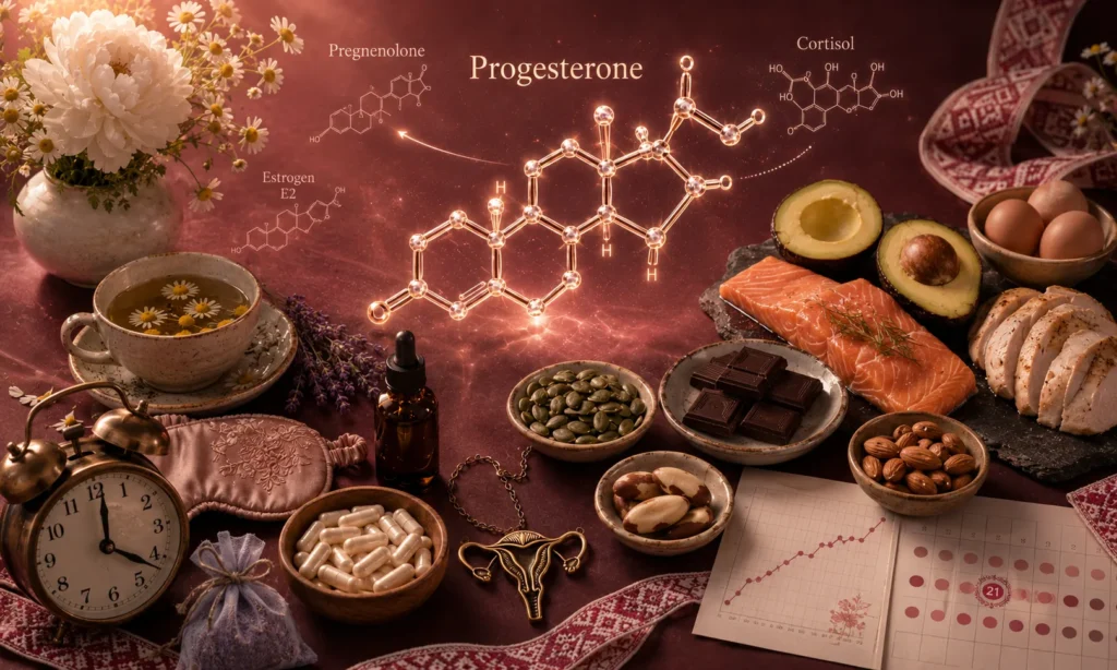 Велика 3D-молекула Прогестерону з повною steroid ring structure у центрі композиції, поряд — молекули Прегненолону (попередник зі стрілкою-зв'язком), Кортизолу (конкурент за прегненолон) і Естрогену E2 (партнер балансу), миски з гарбузовим насінням, бразильськими горіхами, мигдалем, темним шоколадом, лососем, авокадо, яйцями, курячою грудкою, vintage будильник о 4 ранку, рожева шовкова маска для сну, лавандовий саше, ромашковий чай, графік базальної температури, менструальний календар з виділеним 21 днем, бронзовий медальйон жіночої репродуктивної системи, ромашка і півонія, українська вишиванка в рожево-бордових тонах